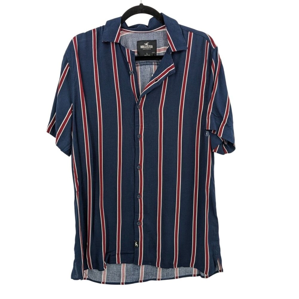 Hollister Striped Button Up Shirt Men Size L Resort Casual Lightweight Coastal